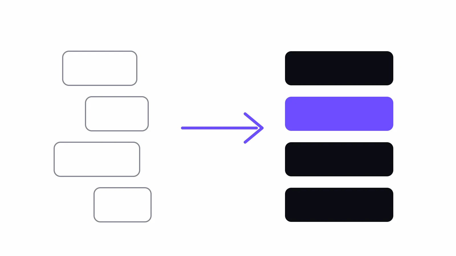 How do I train an AI chatbot on my own data? You mostly don't: rounded dark and brand-coloured blocks sliding from a loose stack on the left into an aligned column on the right
